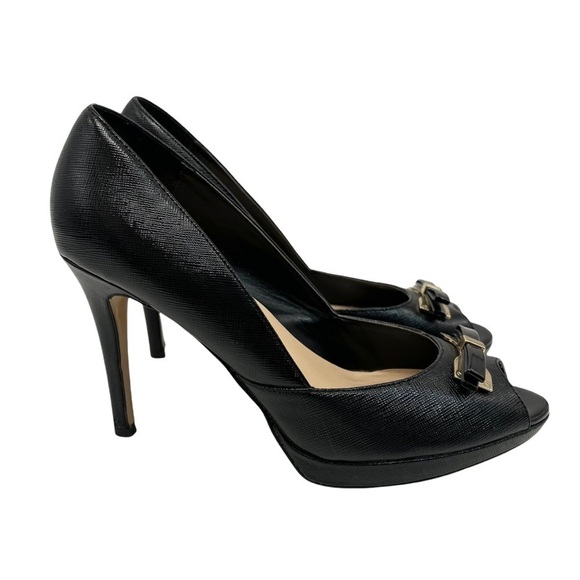 Marc Fisher Marsha Black Leather Peep Toe Platform Pumps with Bows - Picture 2 of 12